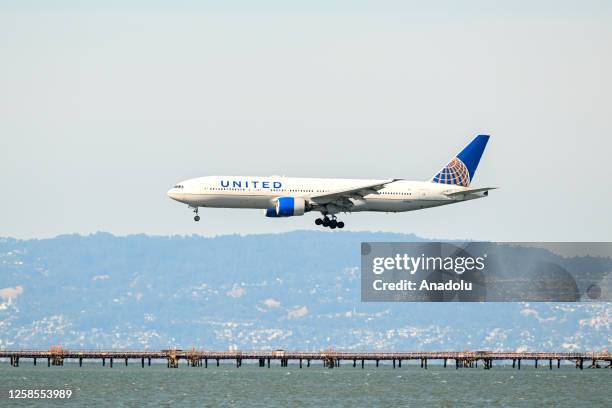 United Airlines plane lands at San Francisco International Airport in San Francisco, California, United States on June 8, 2023.