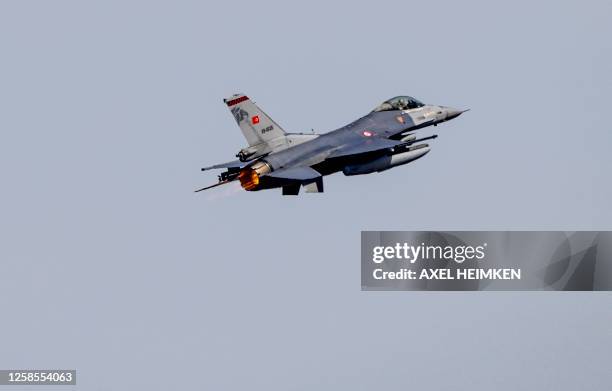 An F-16 combat jet aircraft of the Turkish airforce takes off at the Air Defender Exercise 2023 in the military airport of Jagel, northern Germany,...