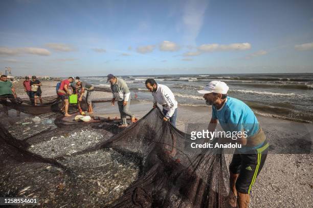 Fishermen cast their nets close to the shore during the early hours of the day in Port Said, Egypt on June 04, 2023.