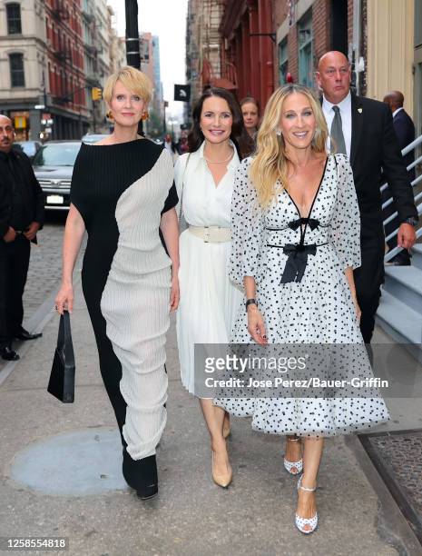 Cynthia Nixon, Kristin Davis and Sarah Jessica Parker are seen attending a private celebration for the 'Sex and The City 25th Anniversary' Party in...