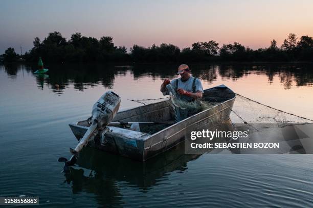 Jeremy Fuchs, the only professional fisherman on the Rhine river, pulls a fish out of his nets at dawn on the canalised section of the Rhine river,...