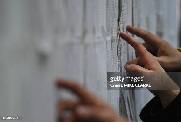 People check lists for survivors at an evacuation centre in in Natori City in Miyagi prefecture on March 14, 2011. A new explosion at a nuclear plant...