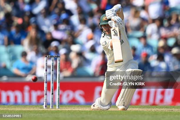 Australia's Marnus Labuschagne plays a shot for four runs on day 3 of the ICC World Test Championship cricket final match between Australia and India...