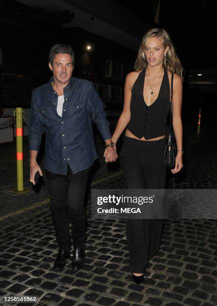 Dave Gardner and Jessica Clarke are seen leaving Chiltern Firehouse on June 9, 2023 in London, United Kingdom.