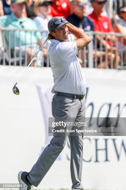 Stephen Ames from Canada tees off during the first round of the American Family Insurance Championship Champions Tour golf tournament on June 9, 2023...