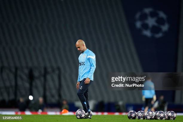 Pep Guardiola head coach of Manchester City during the Manchester City FC training session and press conference prior the UEFA Champions League...