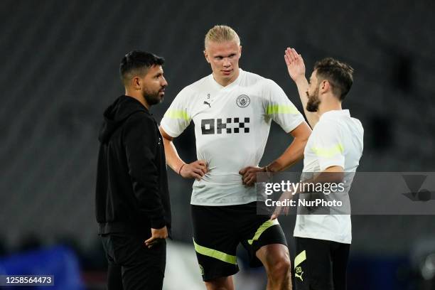 Sergio Kun Agüero, Bernardo Silva attacking midfield of Manchester City and Portugal and Erling Haaland centre-forward of Manchester City and Norway...