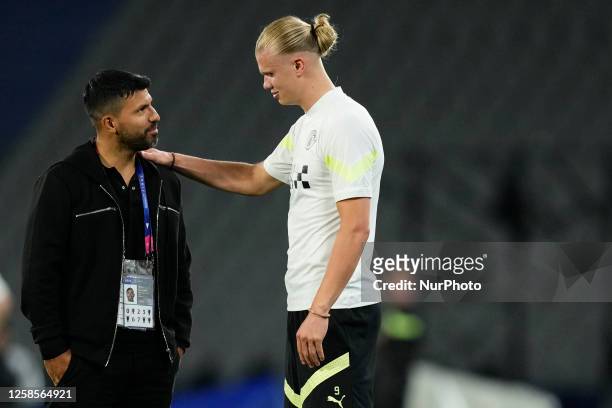 Sergio Kun Agüero and Erling Haaland centre-forward of Manchester City and Norway during the Manchester City FC training session and press conference...