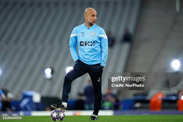 Pep Guardiola head coach of Manchester City during the Manchester City FC training session and press conference prior the UEFA Champions League...