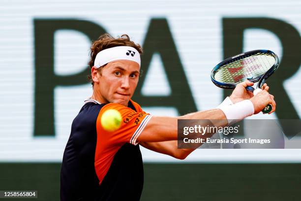 Casper Ruud of Norway in action against Alexander Zverev of Germany during the Men's Semi Final match on Day Thirteen of the 2023 French Open at...