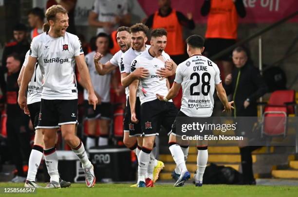 Cork , Ireland - 9 June 2023; John Martin of Dundalk celebrates with teammate Ryan O'Kane after scoring his side's second goal during the SSE...