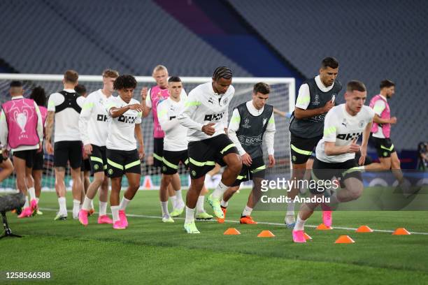 Players of Manchester City takes part in a training session at Ataturk Olympic Stadium ahead of the Manchester City and Inter UEFA Champions League...