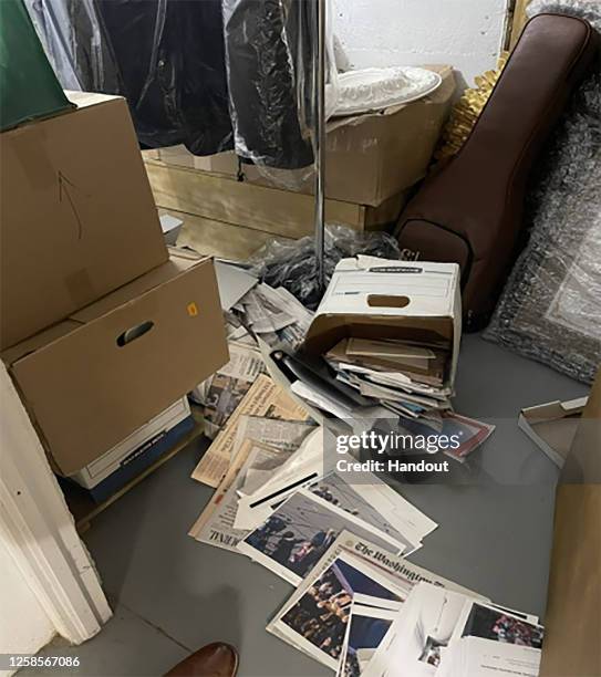 In this handout photo provided by the U.S. Department of Justice, stacks of boxes can be observed at former U.S. President Donald Trump's Mar-a-Lago...