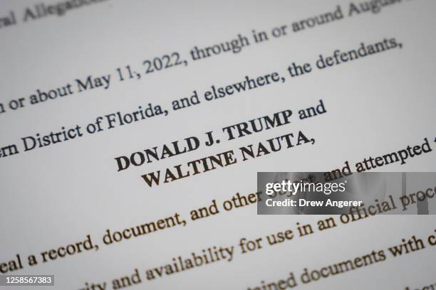 In this photo illustration, pages are viewed from the unsealed federal indictment of former U.S. President Donald Trump on June 9, 2023 in...