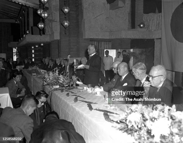 Foreign Minister Mamoru Shigemitsu addresses during the luncheon hosted by the America-Japan Society on February 5, 1955 in Tokyo, Japan.