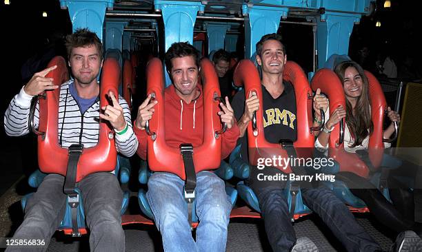 Actor/musician Lance Bass, Ryan Macaulay, Frank Meli and his sister riding "Silver Bullet" rollercoaster at Knott's Scary Farm Halloween Haunt held...