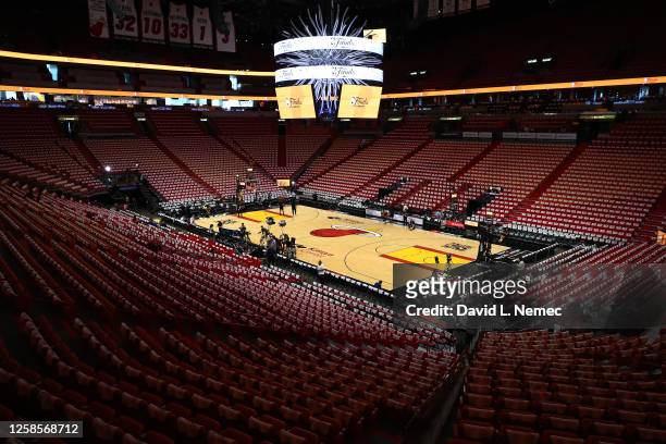 View of the court before Game Four of the 2023 NBA Finals between the Denver Nuggets and the Miami Heat on June 9, 2023 at Kaseya Center in Miami,...