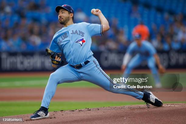 Yusei Kikuchi of the Toronto Blue Jays pitches in the first inning of their MLB game against the Minnesota Twins at Rogers Centre on June 9, 2023 in...