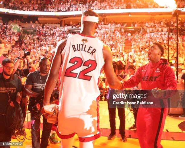 Jimmy Butler of the Miami Heat walks on the court during player introductions during game four of the 2023 NBA Finals on June 9, 2023 at Kaseya...