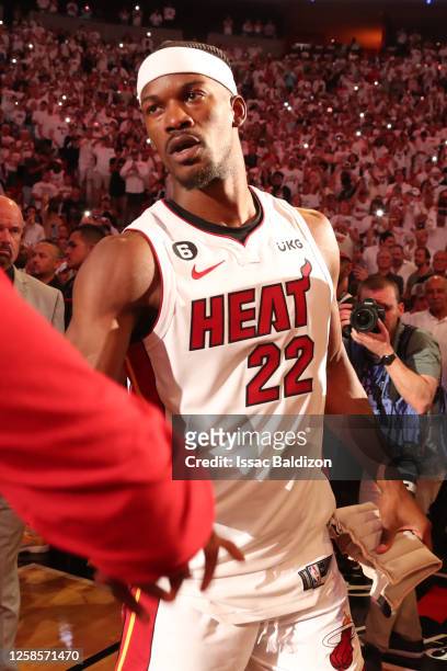 Jimmy Butler of the Miami Heat walks on the court during player introductions during game four of the 2023 NBA Finals on June 9, 2023 at Kaseya...