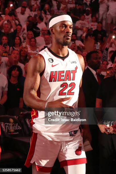 Jimmy Butler of the Miami Heat walks on the court during player introductions during game four of the 2023 NBA Finals on June 9, 2023 at Kaseya...