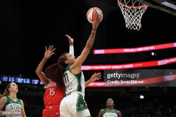 Arella Guirantes of the Seattle Storm shoots the ball during the game against the Washington Mystics on June 9, 2023 at Climate Pledge Arena in...