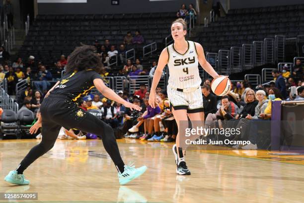 Marina Mabrey of the Chicago Sky dribbles the ball during the game against the Los Angeles Sparks on June 9, 2022 at California State University in...