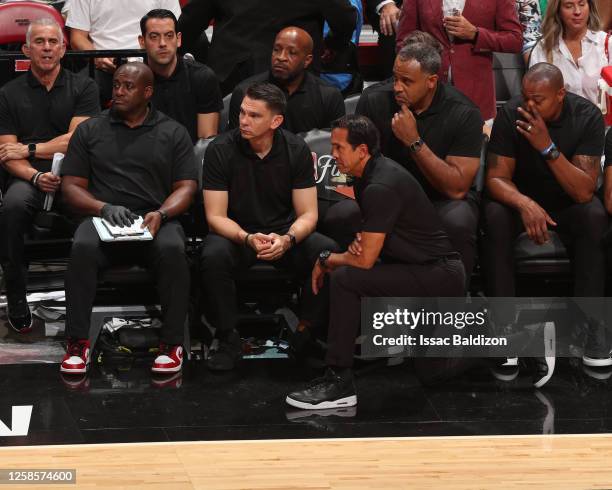 Head Coach Erik Spoelstra of the Miami Heat looks on during the game during game four of the 2023 NBA Finals on June 9, 2023 at Kaseya Center in...