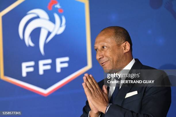 Philippe Diallo reacts after being elected as the new President of the French Football Federation during the Federal Assembly of the Federation in...