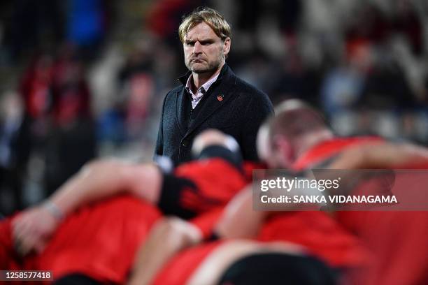 Crusaders' coach Scott Robertson looks on prior to the start of the Super Rugby quarter-final match between the Crusaders and Fijian Drua at...