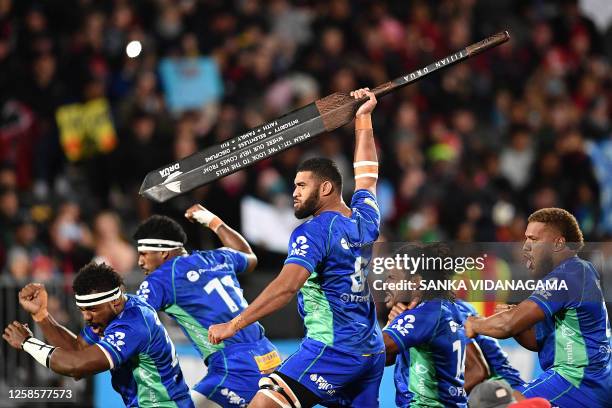 Drua players perform a haka during the Super Rugby quarter-final match between the Crusaders and Fijian Drua at Orangetheory Stadium in Christchurch...
