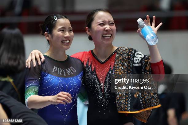 Reina Satake and Chisato Doihata react after competing in the Women's Individual final during the 37th FIG Trampoline Gymnastics World Championships...