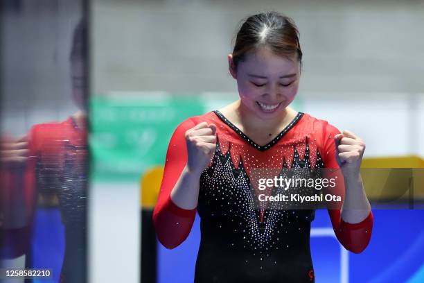 Chisato Doihata reacts after competing in the Women's Individual final during the 37th FIG Trampoline Gymnastics World Championships Japan Qualifier...