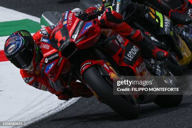 Ducati Italian rider Francesco Bagnaia competes during the Sprint race ahead of the Italian MotoGP race at Mugello Circuit in Mugello, on June 10,...