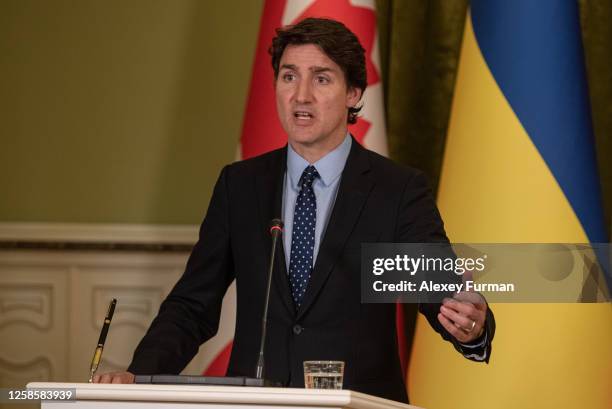 The prime minister of Canada Justin Trudeau speaks during a joint press conference with Ukrainian president Volodymyr Zelensky hold on June 10, 2023...