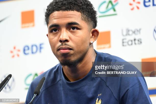 French defender Wesley Fofana gives a press conference during the preparation of the French squad for the upcoming UEFA Euro 2024 football tournament...