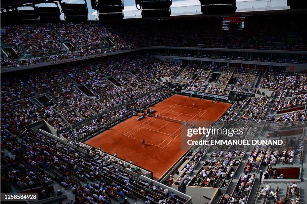 General view shows the women's singles final match between Poland's Iga Swiatek and Czech Republic's Karolina Muchova on day fourteen of the...