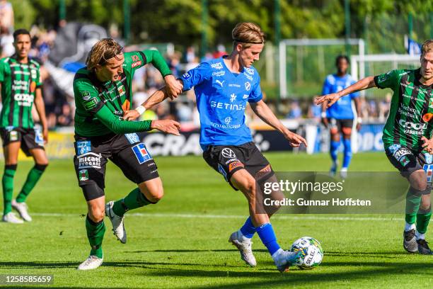 Joakim Lindner of Varberg and Erik Ahlstrand of Halmstad fighting for the ball during the Allsvenskan match between Varbergs BoIS and Halmstads BK on...