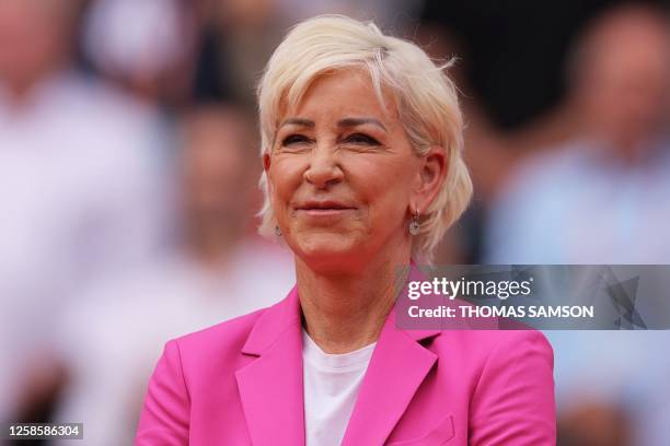 Former US tennis player Chris Evert looks on as she attends the podium ceremony after the women's singles final match on day fourteen of the...