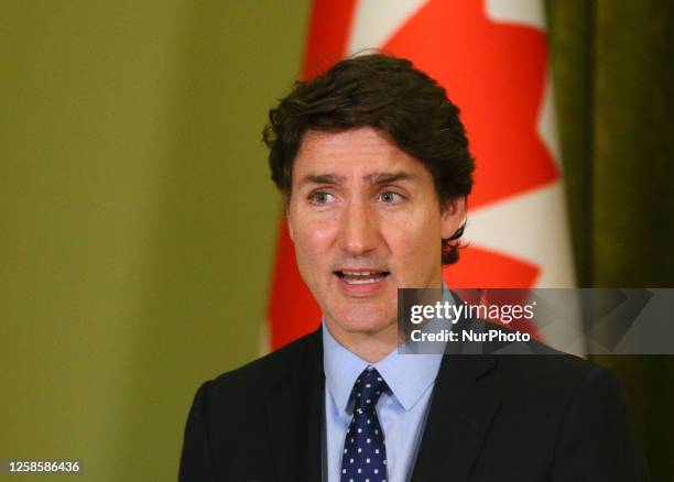 Prime Minister of Canada Justin Trudeau speaks during a joint a press-conference with Ukrainian President Volodymyr Zelensky, following their meeting...