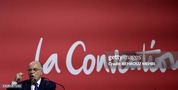 Former French prime minister and founder of the "La Convention" party Bernard Cazeneuve gives a speech during the first public meeting of the party...