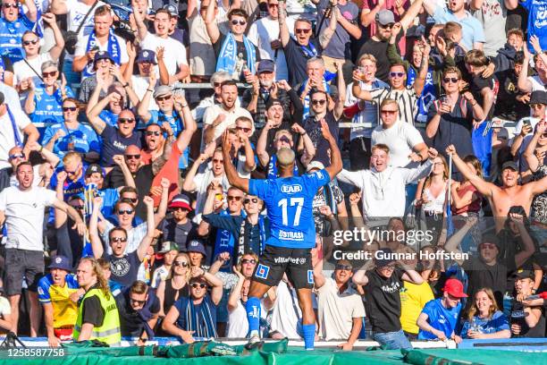 Phil Ofosu Ayeh of Halmstad cheering with fans after Viktor Granath of Halmstad scored 0-1 on a penalty during the Allsvenskan match between Varbergs...