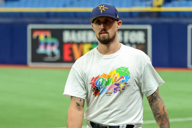 Shawn Armstrong of the Tampa Bay Rays warms up prior to a baseball game against the Texas Rangers on Pride Night at Tropicana Field on June 10, 2023...