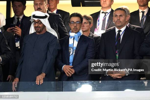 Manchester City owner Sheikh Mansour bin Zayed bin Sultan Al Nahyan and chairman Khaldoon Khalifa Al Mubarak during the UEFA Champions League final...