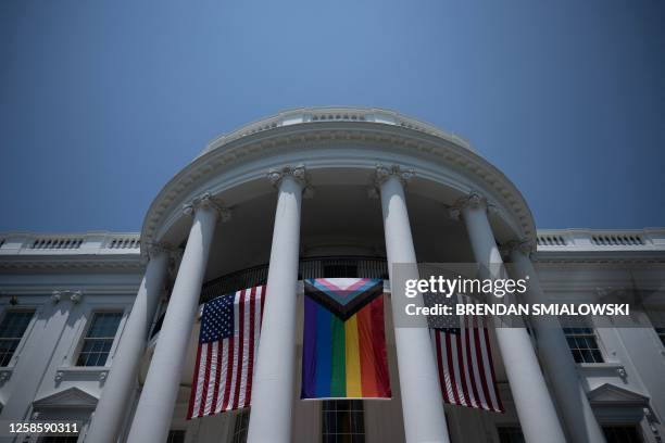 Pride flag is displayed during a Pride celebration on the South Lawn of the White House in Washington, DC, on June 10, 2023.