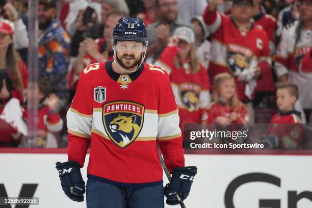 Florida Panthers center Sam Reinhart takes a moment after the Panthers tie the game with two minutes remaining in the third period during game three...