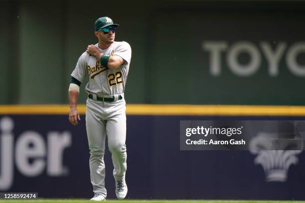 Ramon Laureano of the Oakland Athletics looks on prior to the game between the Oakland Athletics and the Milwaukee Brewers at American Family Field...