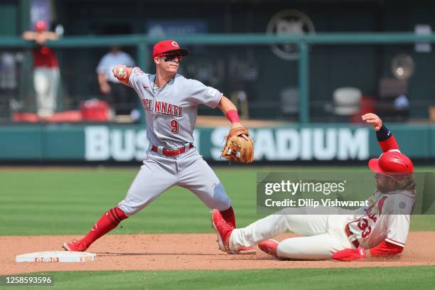 Matt McLain of the Cincinnati Reds attempts to turn a double play over Brendan Donovan of the St. Louis Cardinals in the seventh inning at Busch...