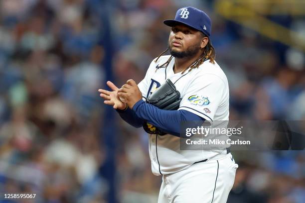 Jose Lopez of the Tampa Bay Rays prepares to pitch during the sixth inning against the Texas Rangers at Tropicana Field on June 10, 2023 in St....