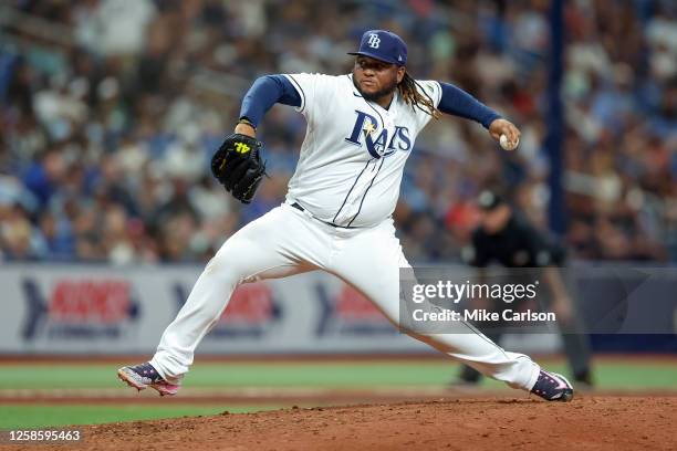 Jose Lopez of the Tampa Bay Rays pitches during the sixth inning against the Texas Rangers at Tropicana Field on June 10, 2023 in St. Petersburg,...